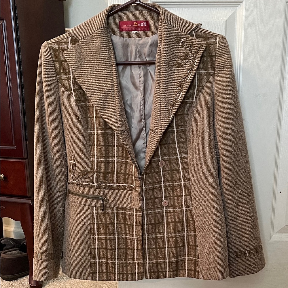Source Unknown Olive Green Plaid Blazer